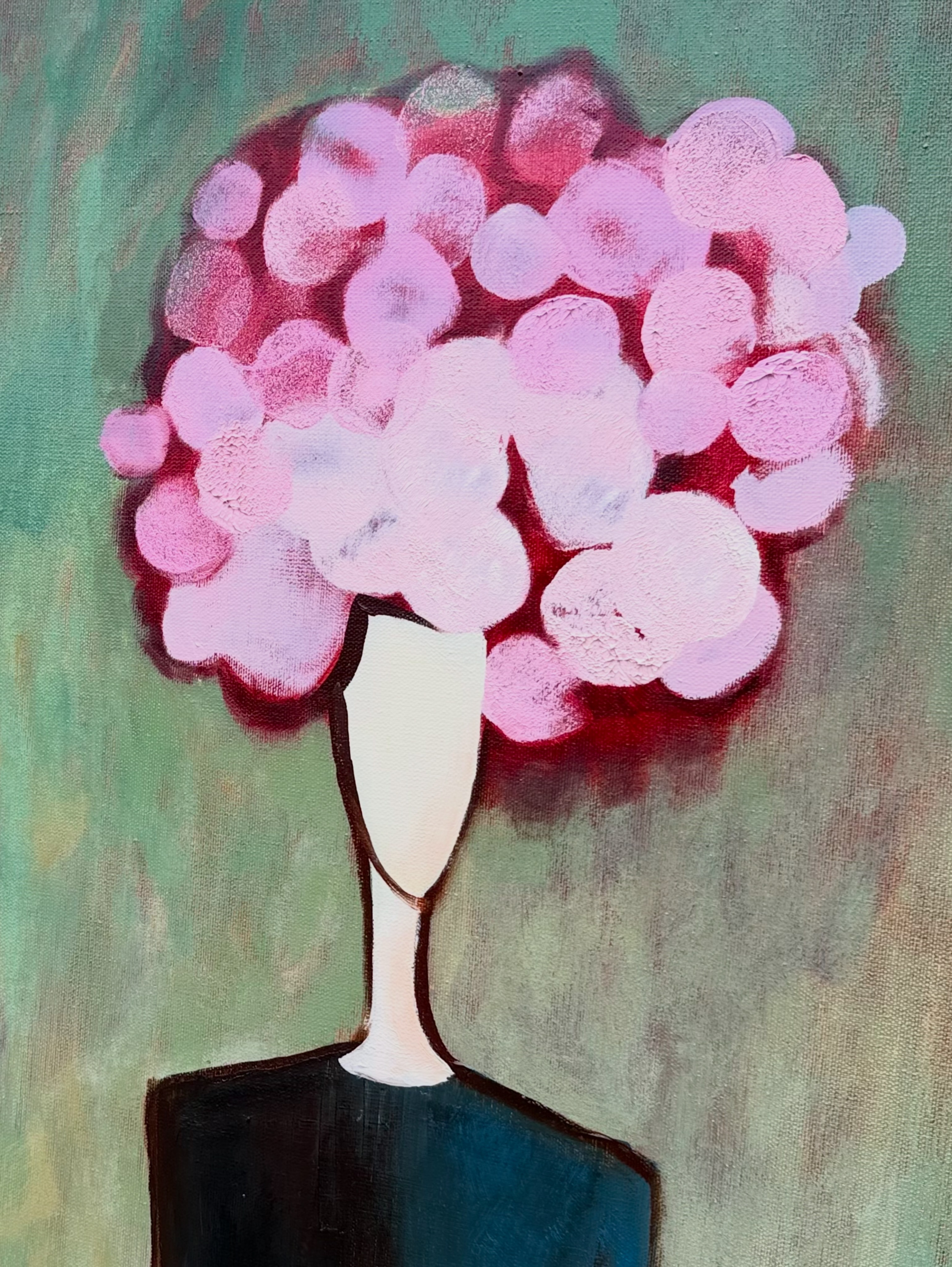 Painted detail of a figure with a pink flower-like head