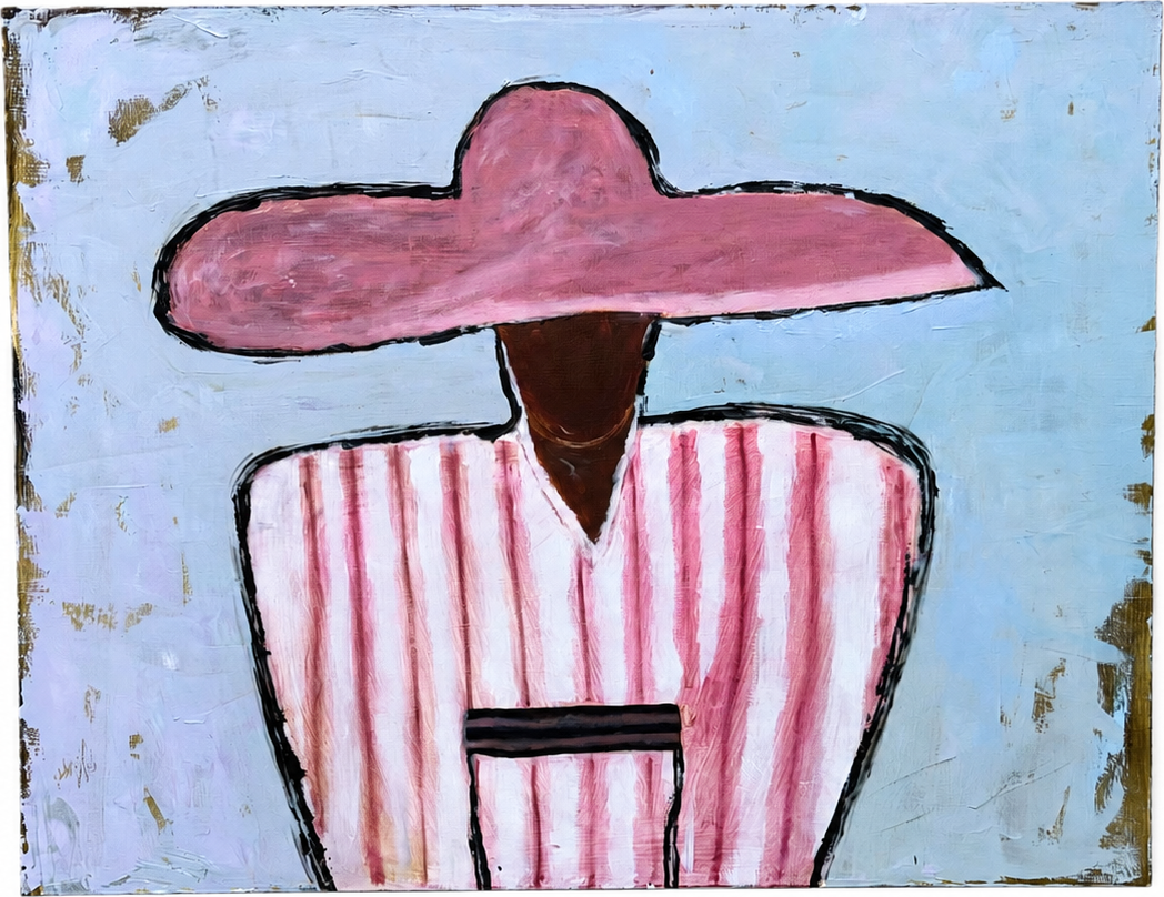 A reclining figure in a broad pink hat and striped clothes