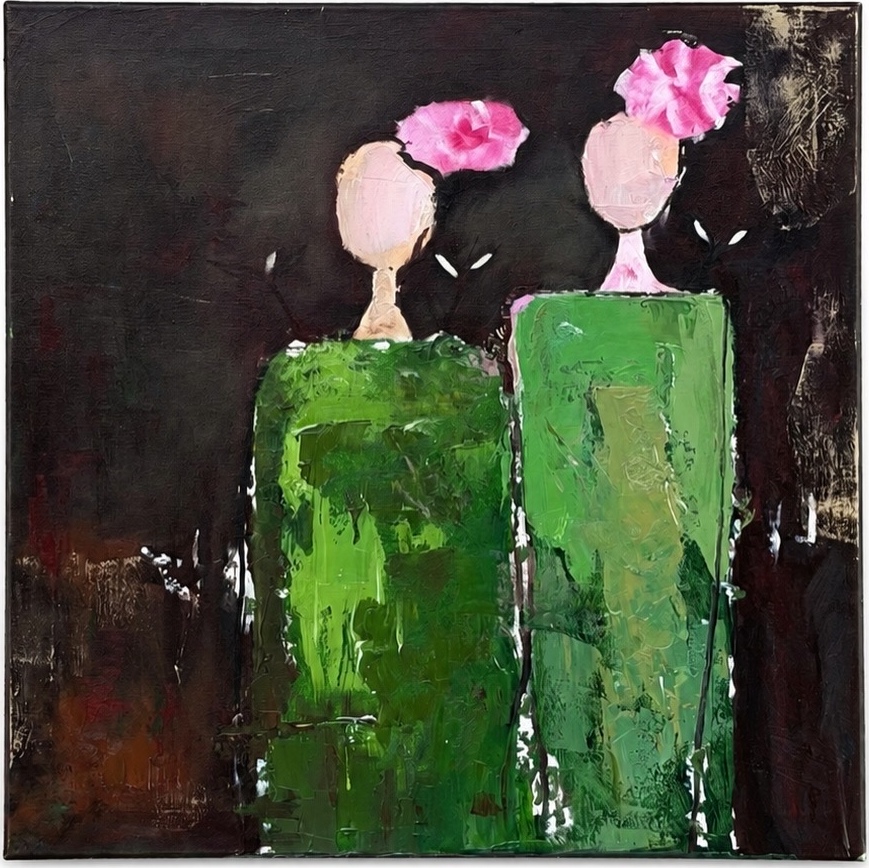 Two simplified figures with flower-like pink heads and green dresses